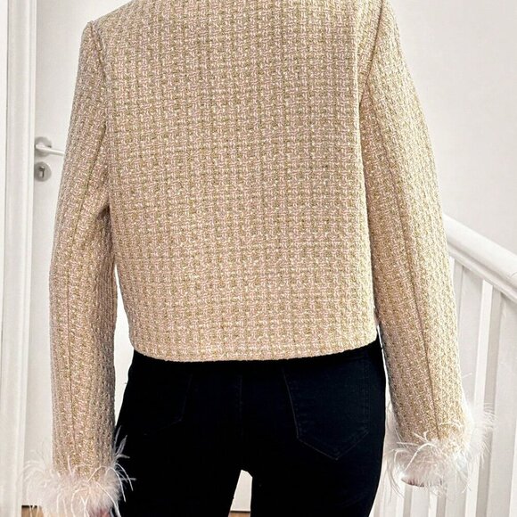 Khaki Elegant Women's Round Neck Button Long Sleeve Tweed Faux Fur Trim Jacket - Picture 2 of 5